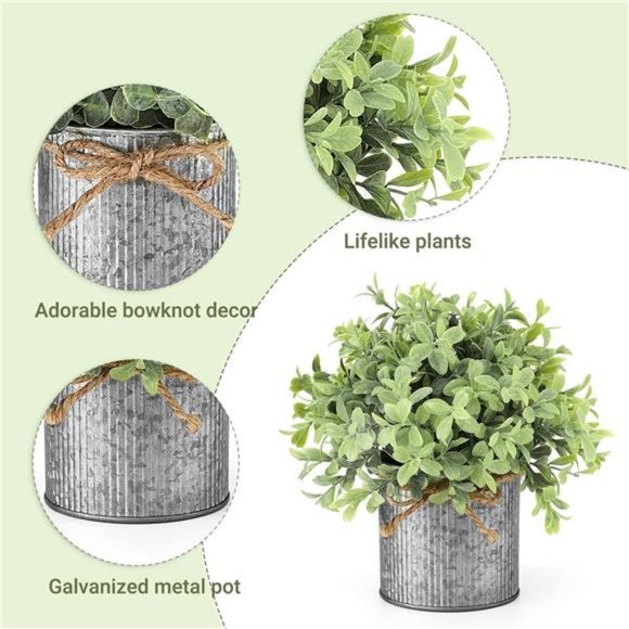 Mini Fake Plants in Farmhouse Galvanized Metal Pots Table Centerpiece Rustic - Picture 5 of 7